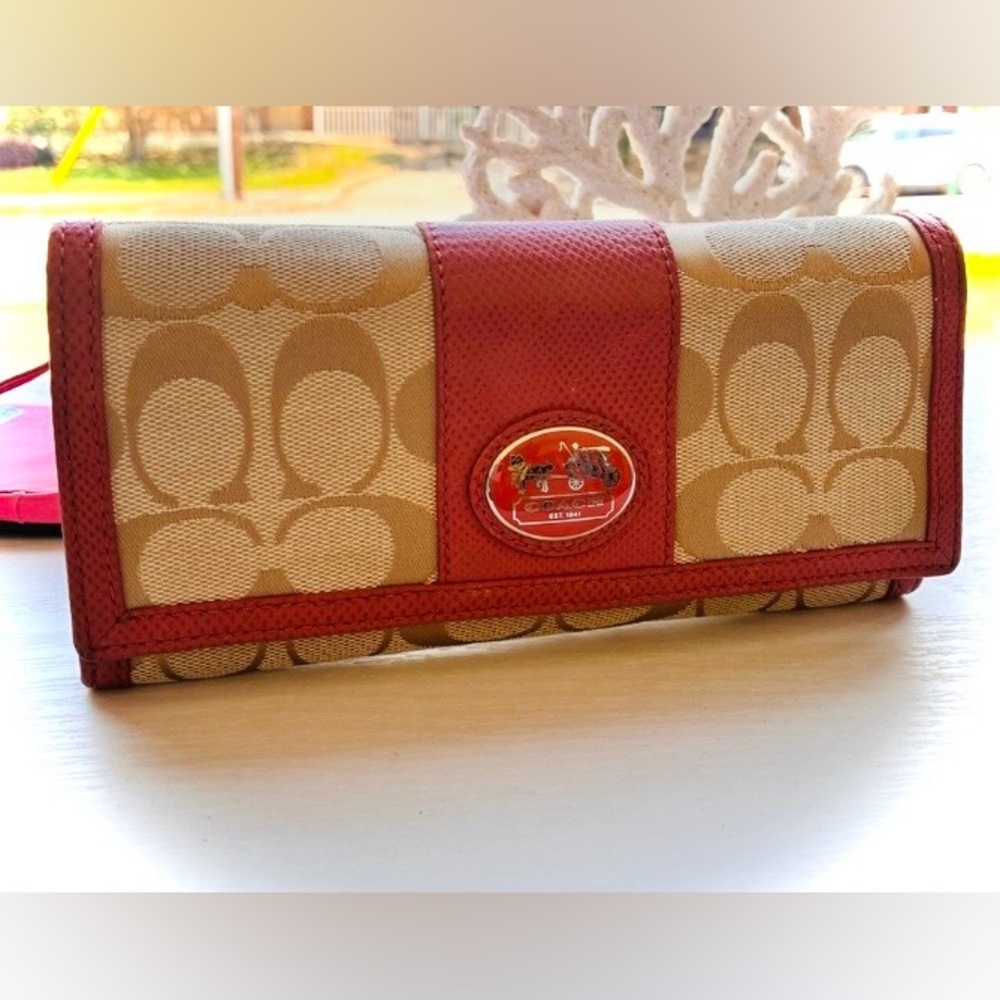 Coach Beige Signature Continental Wallet with Coral-Trim